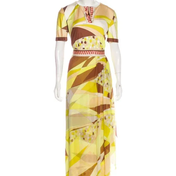 EMILIO PUCCI 1990's Geometric Print Silk Jersey Chiffon Maxi Dress - Picture 1 of 16
